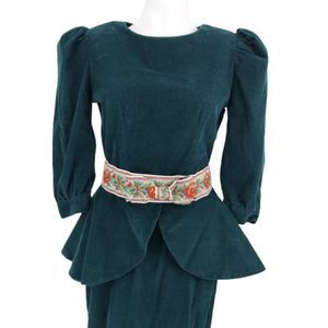 Vintage 80s Peplum Waist, Puffed Sleeved, Corduroy Dress